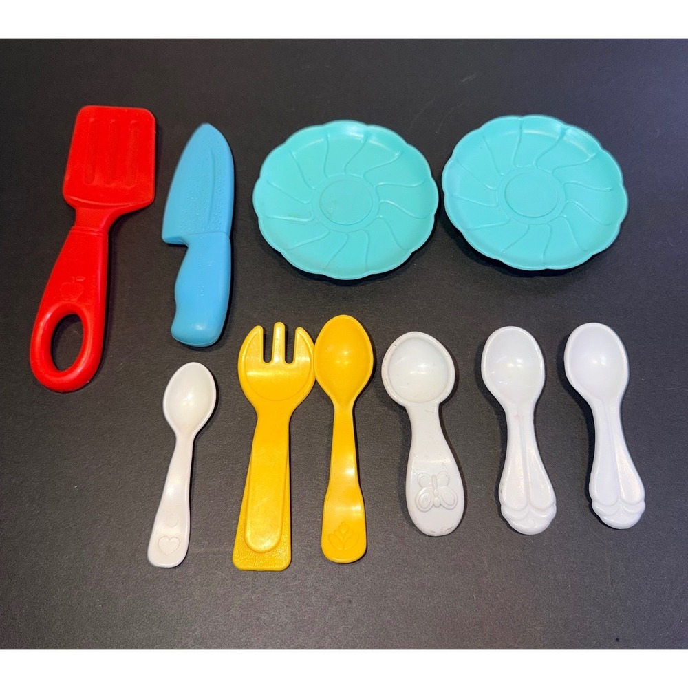 Vintage Fisher Price Mixed Play Kitchen Utensils Dishes Spatula Plates 10pc